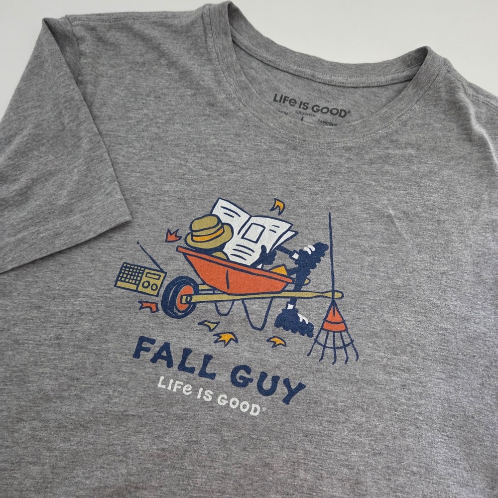Life Is Good T-Shirt Grey Fall Guy Graphic Crusher Tee Mens Large